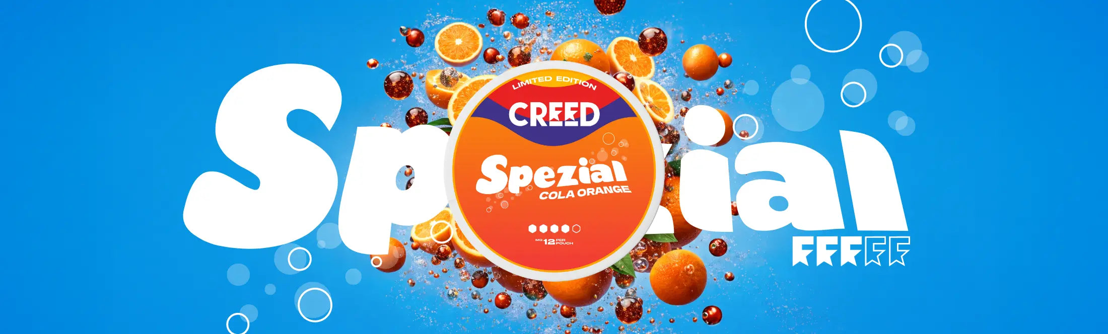 orange fruits ad cola drops surrounding the creed spezial cola orange can with the text spezial behind