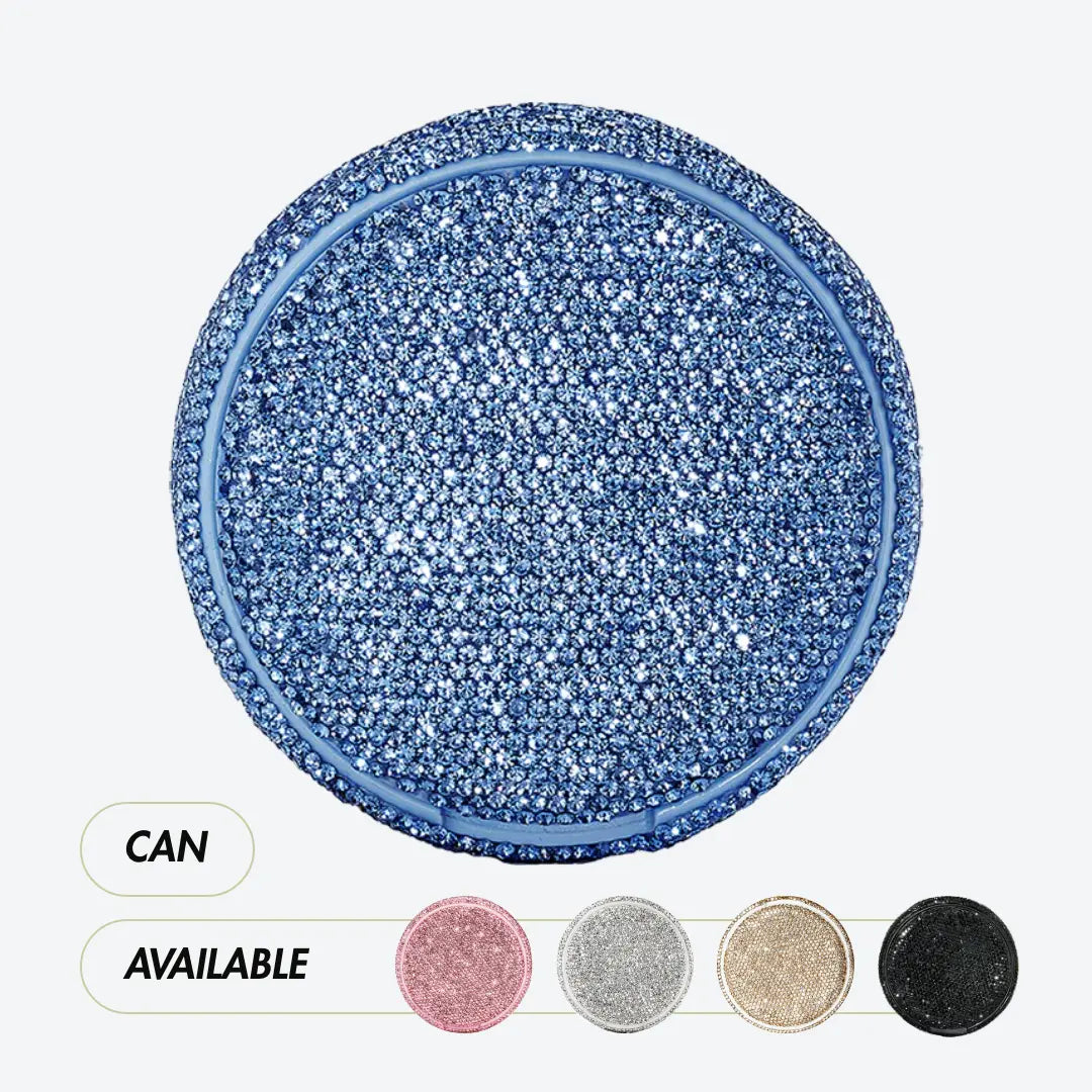 Blue glittery kelly white can with color swatches below on a white background