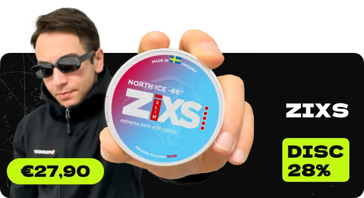Person holding a ZIXS nicotine pouch container with promotional text and pricing on a black background